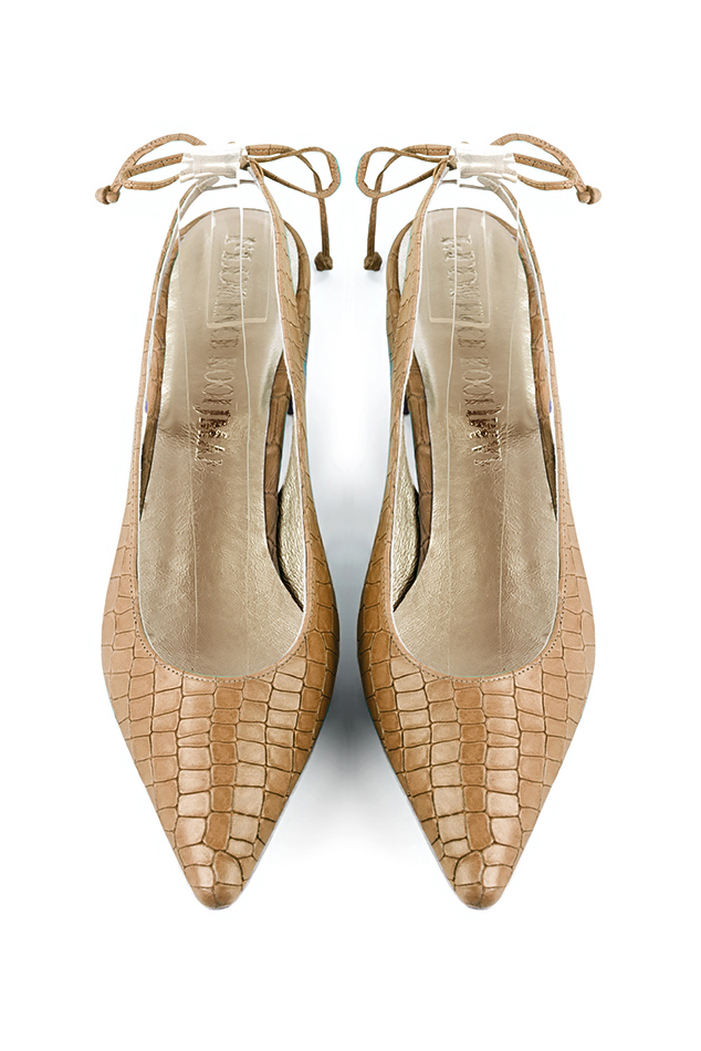 Women's camel beige elegant slingback heels. Pointed toe. Flat flare heels - Top view